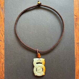 Jade Dragon Carved Pendant Necklace | Green Stone Amulet Jewelry | 17.5 IN